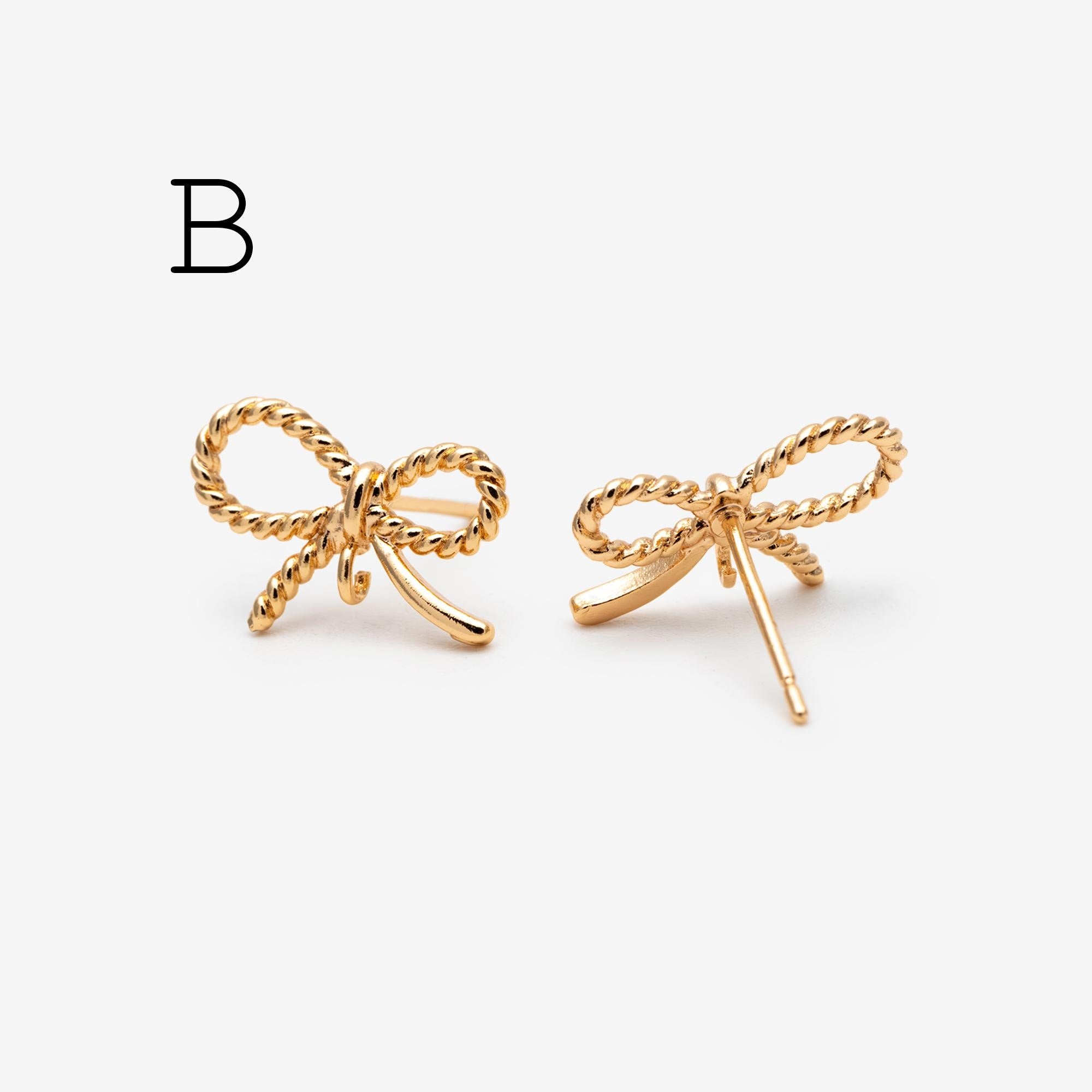 4pcs CZ Pave Gold Ear Post, Bowknot Stud Earring with Loop (#GB-747)
